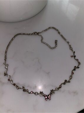 Y2K Vintage Silver-Tone Pink Rhinestones Butterfly & Floral Choker Necklace